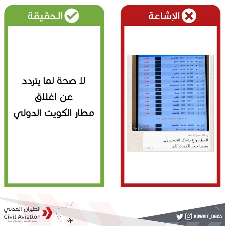 الطيران المدني : لا صحة لما يتردد عن اغلاق مطار الكويت الدولي 